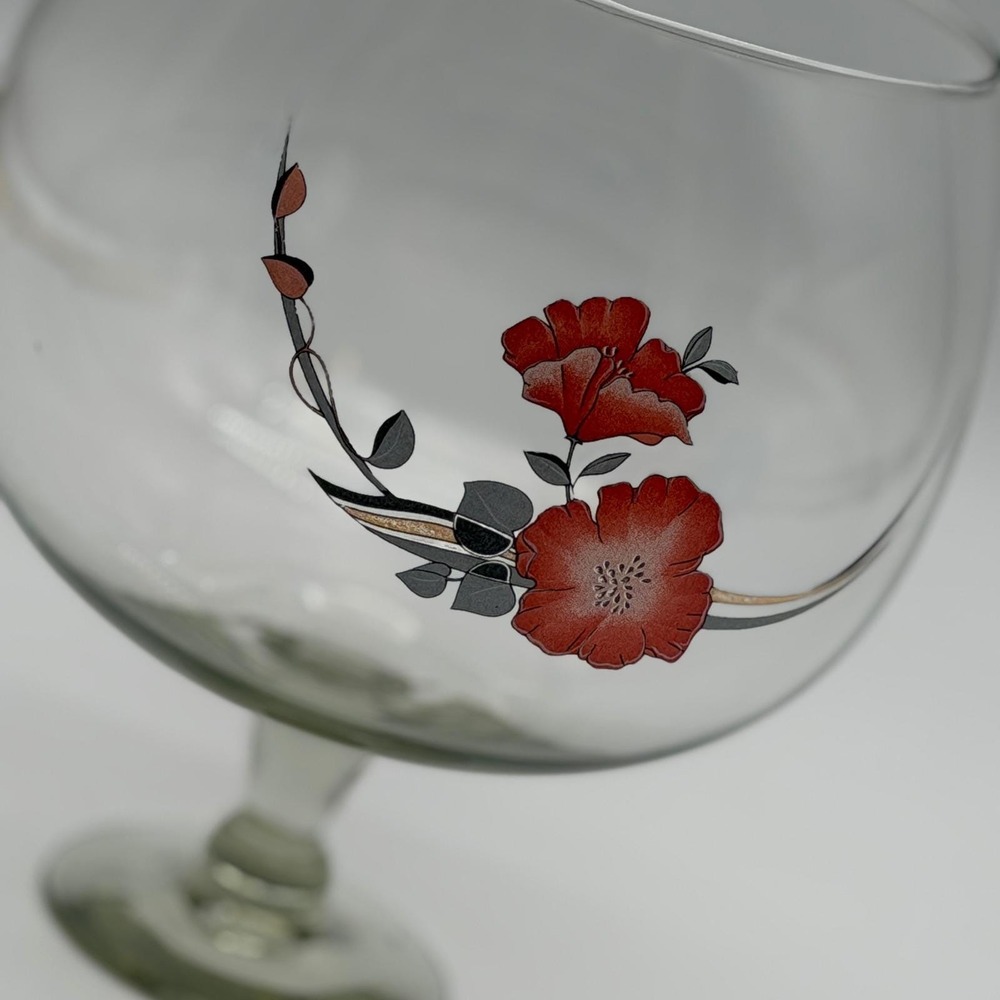 Vintage Mexican Glass Brandy Snifter Oversized Red Floral Poppy Design‎ 6.25in